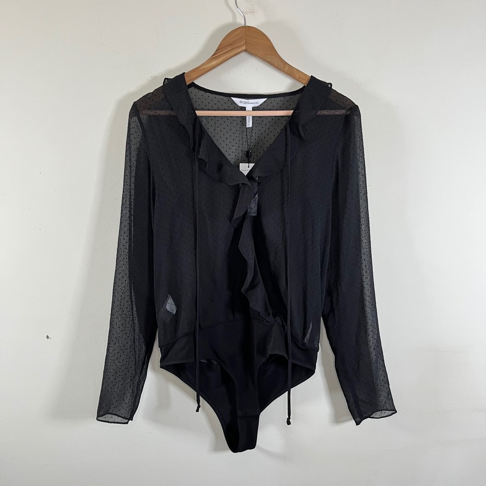 BCBGeneration Sheer Black Bodysuit V-Neck Ruffle Polka Dot Long Sleeve Small NWT